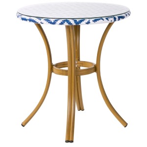 Runder Beliani Outdoor-Bistrotisch Rifreddo. Blau-weißes PE Rattan Geflecht, Glasplatte, Aluminiumgestell in Bambus-Optik.