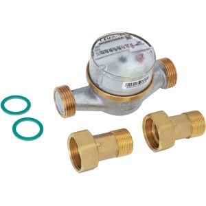 Compteur d'eau Two in One 3/4 pouce pour eau froide et chaude, avec raccords et joints.