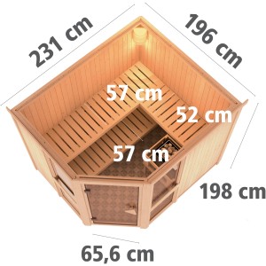 Karibu Sauna Anina 3 Naturale, sauna a elementi in abete rosso con porta in vetro e dimensioni.