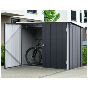 Garage per biciclette Duramax in metallo, 2x1 m, grigia, con porta aperta e bicicletta all'interno.