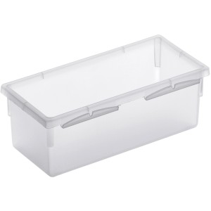 Transparente Rotho Schubladenbox Basic, 5x8x15 cm, zur Aufbewahrung und Organisation.