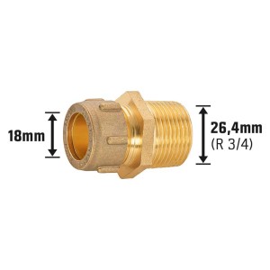 Nipplo di transizione a vite in ottone 34 mm per raccordi a compressione, vista dettagliata.