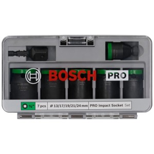 Bosch Professional PRO Steckschlüssel-Set, 7-teilig, mit Adaptern und Größen von 13-24 mm im Koffer.