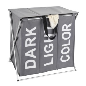 Cesto portabiancheria Wenko Trio grigio con coperchio e 3 scomparti per la separazione della biancheria.