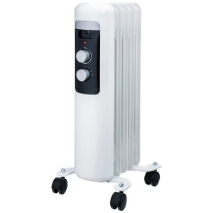 Radiateur à huile blanc Emerio 1000 W avec roulettes et thermostat pour petites pièces.