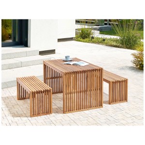 Beliani Bellano banc de jardin en acacia, marron, avec table et deux bancs.