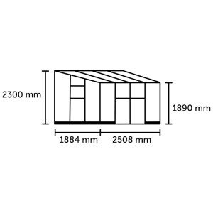 Schizzo della serra nera Halls Qube Lean-to 6 con dimensioni (altezza 2300/1890 mm, larghezza 1884/2508 mm).