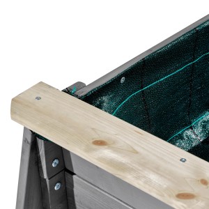 Gros plan du potager surélevé en bois Exit Aksent XL, mettant en évidence la structure du bois et le revêtement intérieur vert.