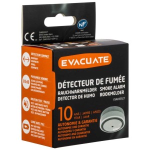 Emballage du mini détecteur de fumée EVA033527. Détecteur de fumée compact pour la protection incendie.