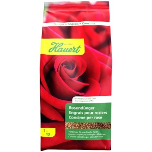 Engrais rosiers Hauert 1kg, motif rose rouge.
