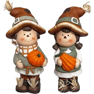 Figurines décoratives en terre cuite : Enfant avec citrouille, hauteur 22,5 cm, assorties.