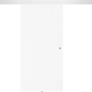 Kit porte coulissante en bois Margalida, porte coulissante blanche avec poignée argentée et rail en aluminium.