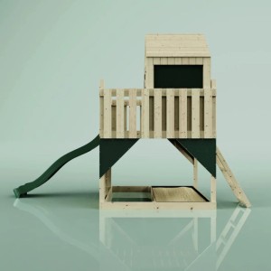 Maisonnette sur pilotis PolarPlay Meteorit avec toboggan vert et échelle, construction en bois.