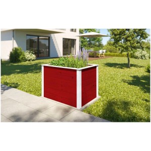 Aiuola rialzata modulare rossa Weka in legno con protezione per roditori in giardino.