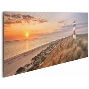 Pannello decorativo Faro al tramonto, 30x90 cm. Quadro da parete con scena costiera e faro rosso e bianco.