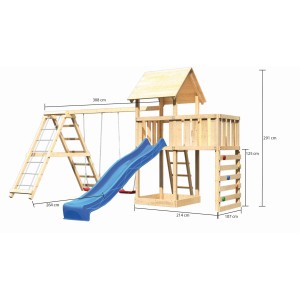 Tour de jeu en bois Karibu Lotti avec balançoire double, toboggan, mur d'escalade et plateforme.