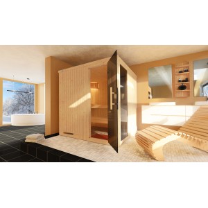 Sauna Weka Halmstad 2 con porta in vetro e finestra in bagno moderno.