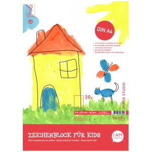 I Am Creative Zeichenblock A4 für Kinder, 30 Blatt, mit kindgerechter Haus-Zeichnung.