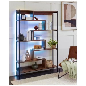 Étagère Beliani Daven avec éclairage LED, étagères en MDF marron, structure en métal noir.