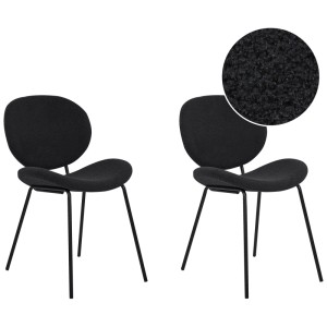 2er-Set Beliani Esszimmerstühle Luana in Schwarz mit Bouclé-Bezug und schwarzen Metallbeinen.