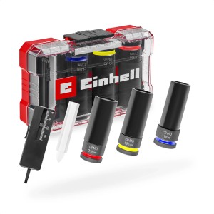 Jeu de douilles à choc Einhell, 5 pièces (17-21 mm) avec protection anti-rayures, jauge de profondeur de profil et craie pour pneus.