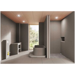 Bagno moderno con piastrelle grigie, vasca e mobile lavabo.