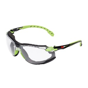 Lunettes de protection 3M Solus 1000 avec verres clairs, monture noire et accents verts pour une protection optimale.