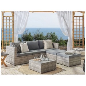 Beliani Sabbia, set da giardino angolare in polyrattan grigio chiaro con tavolo e cuscini.