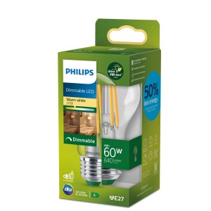 Philips Classic LED Glühbirne, E27, 60W, dimmbar, warmweiß (2700K), ultraeffizient, in Verpackung.