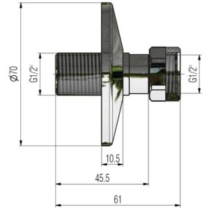 Dessin technique : Raccord droit, laiton chromé, 1/2 x 1/2 x 55 mm, avec dimensions.