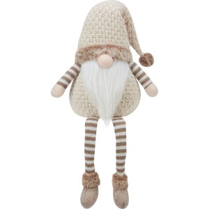 Gnome en tissu aux tons naturels avec jambes rayées, décoration de Noël.
