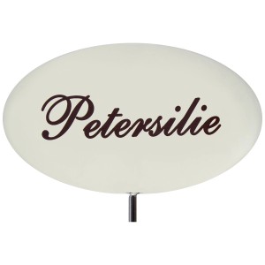 Emailleweißer Kräuterstecker mit "Petersilie" Schriftzug, 30 cm hoch, für Beet und Pflanzkübel.