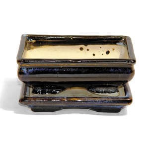 Pot à bonsaï rectangulaire avec soucoupe, env. 15 cm de diamètre, en céramique marron et beige.