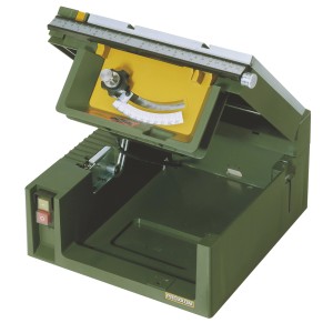 Sega circolare da tavolo Proxxon FET 200 W con regolazione angolare e protezione lama gialla.