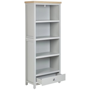Bibliothèque Beliani Clio gris clair avec 4 étagères ouvertes et un tiroir légèrement ouvert, plateau en bois.