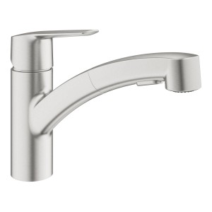 Miscelatore lavello Grohe QuickFix Start Supersteel con doccetta estraibile.