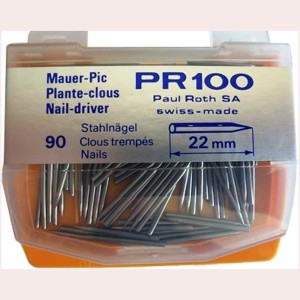 Clous Mauer-Pic, 22mm, lot de 90 pièces pour cloueur PR100. Clous en acier dans un récipient transparent.