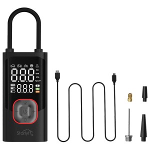 Compressore d'aria digitale Starlyf nero, portatile, con display, tubo e 4 ugelli. Per pneumatici, palloni.