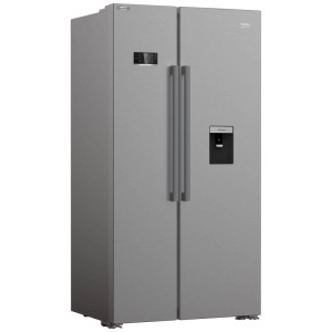 Réfrigérateur Beko Side-by-Side argenté avec deux portes, distributeur d'eau et affichage numérique. Combiné réfrigérateur-congélateur.