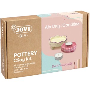 Jovi DIY Set argilla per ceramica: Scatola mostra due portacandele colorati fatti a mano con lumini. Argilla essiccante.