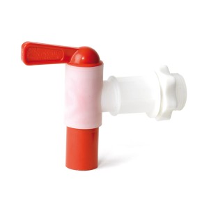 Rubinetto rosso e bianco da 3/4 di pollice per serbatoi di acqua piovana, dettaglio.