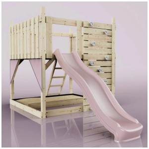 Struttura gioco in legno OutdoorToys Sternenhimmel con scivolo rosa e parete da arrampicata.