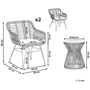 Schizzo del set bistro Trestina: sedie e tavolo in rattan con dimensioni per mobili da balcone.