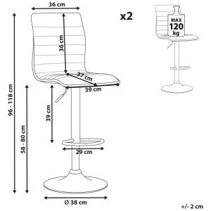 Schéma du tabouret de bar Beliani Lucerne, lot de 2, avec dimensions.