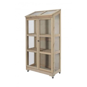 Serra mobile in legno Maria, alta 180 cm, con lati trasparenti, tetto inclinato, doppia porta, ripiani e ruote.
