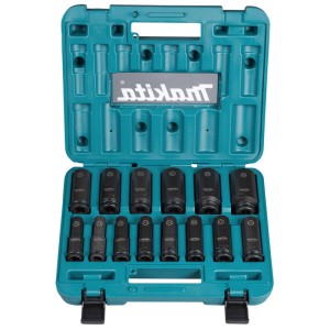 Jeu de douilles à choc Makita Impact Black, 14 pièces dans un coffret turquoise.