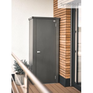 Armadio da terrazza Biohort Julia S High, grigio scuro metallizzato, su balcone. Mobile stretto per esterni.