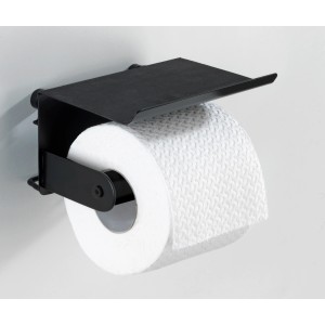 Porta carta igienica nero Wenko con mensola Classic Plus per montaggio a parete con rotolo di carta.
