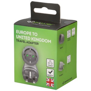 Q2 Power Reiseadapter Europa/UK in Verpackung. Zwischenstecker für Schuko- und Eurostecker auf UK-Stecker Typ G.
