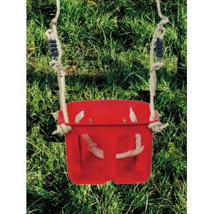 Seggiolino altalena per bambini rosso in plastica con corde regolabili in altezza per divertimento in giardino.